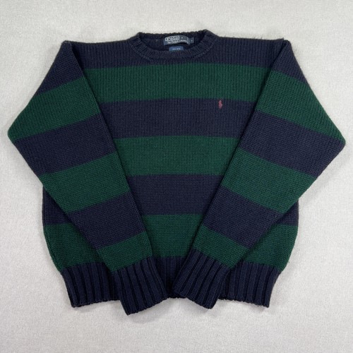 Vintage 90's Polo Ralph Lauren Sweater Mens L Navy Green Stripe Wool Colorblock - Image 1