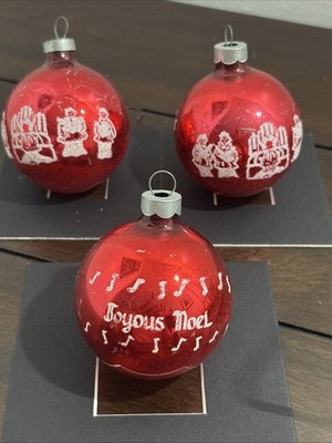 3 Vtg. MCM Shiny Brite Stenciled Red  JOYOUS NOEL Choir Singers Ornaments