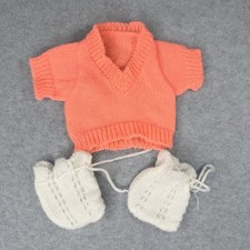 Vintage Crochet Knit Doll Baby Clothes Set - Orange Sweater Booties Shoes Cream