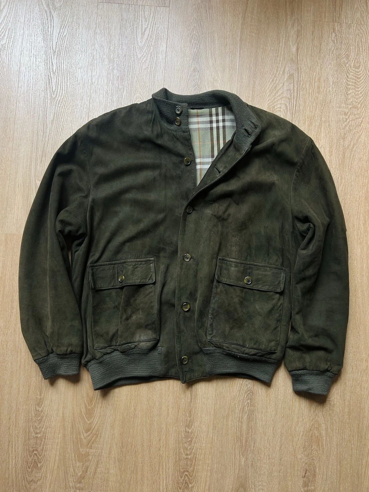 Bomber vintage Burberry uomo verde marrone bottoni nova check pelle scamosciata 52