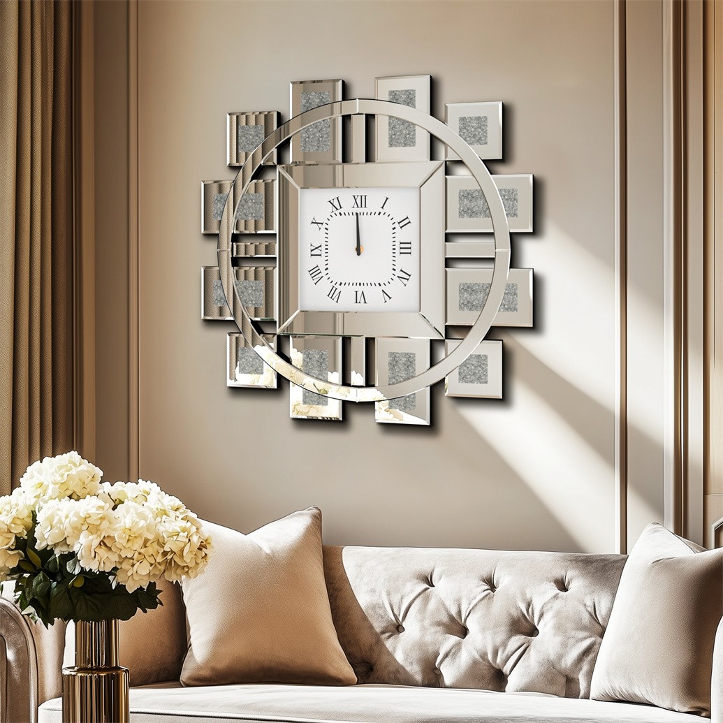 31.5" Crystal Diamond Wall Clock Modern Mirrored Hanging Clock w/ Beveled Glass