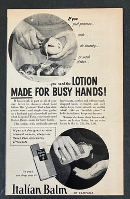 1954 Italian Balm by Campana Lotion for Busy Hands B&W  Vintage Print Ad