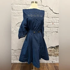 Derek Lam 10 Crosby Everett Navy Blue Eyelet Off the Shoulder Cotton Dress Belt