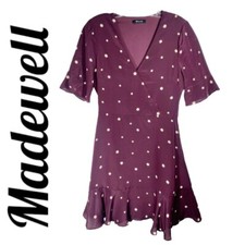 MADEWELL 100 Silk Burgundy Star Print Flutter Hem Faux Wrap Mini Dress, Small