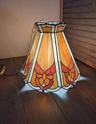 Vintage Tiffany Mission Style Stained Glass Hanging Ceiling Light Pendant Lamp