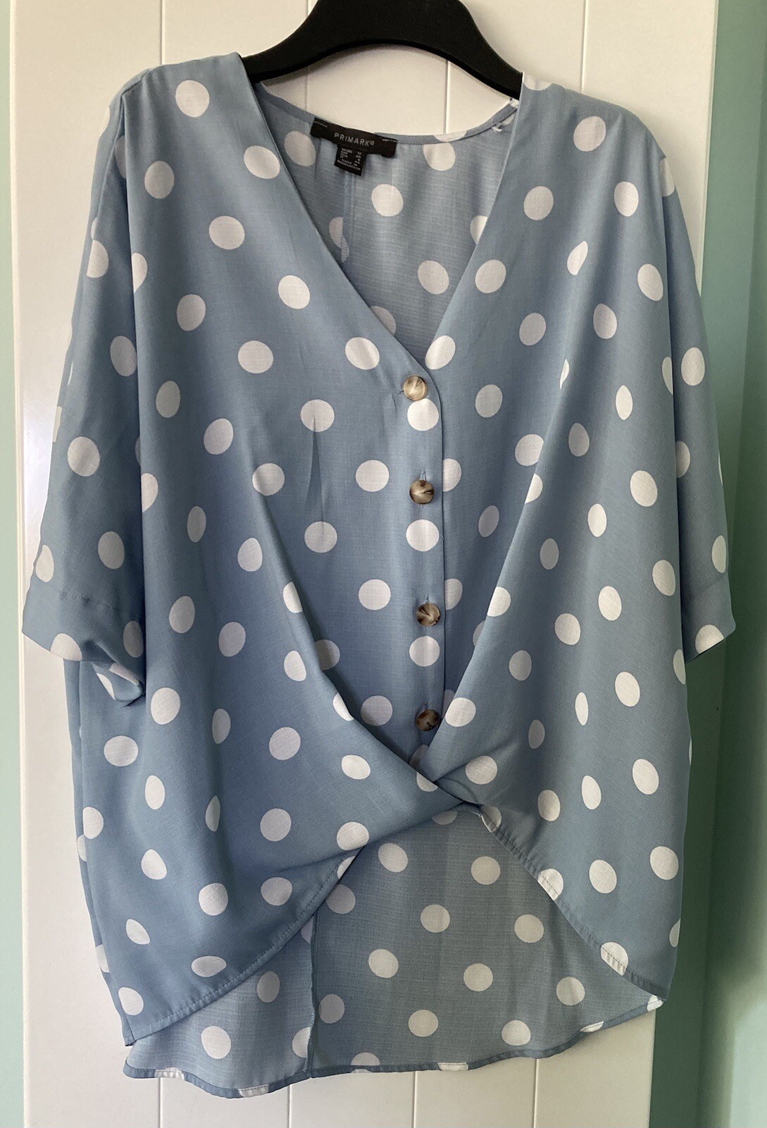 Light Blue White Spotty Blouse With Button Front Size 12