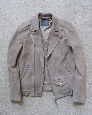 AllSaints Milo Asymmetric Zip Leather Biker Jacket (Mushroom Brown) (Size S)