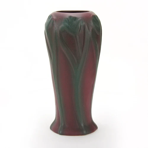 Van Briggle Pottery mulberry red 10" flower & leaf vase Arts & Crafts
