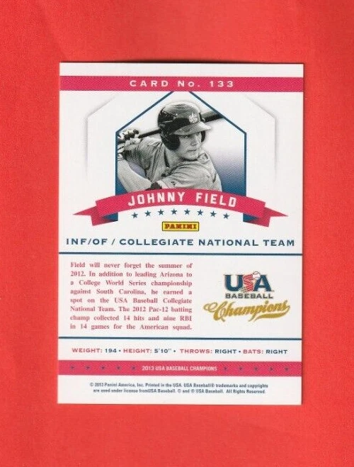 2013 Panini USA Baseball Champions MIRROR GREEN # 133 Johnny Field 031/199 - Image 2 of 2