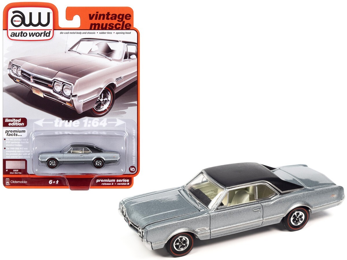 1966 OLDSMOBILE 442 SILVER MIST 1/64 DIECAST MODEL BY AUTO WORLD
