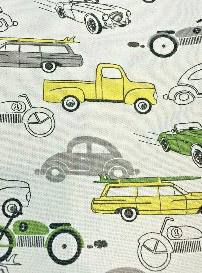 Tela Retro Rides 1,75 yardas Transporte Coches Camiones Motocicletas Verde Amarillo Foto 4 de 4