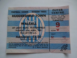 1980/81 Division 3 Huddersfield Town v Walsall Ticket Stub