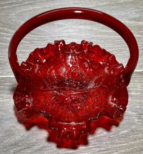 VTG Fenton Red Glass Ruffled Edge Basket Candy Dish with Handle -Marked