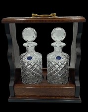 Tantalus Solid Oak Brass 2 Bottle Round Crystal Decanters