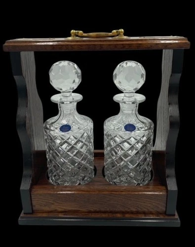 Tantalus Solid Oak Brass 2 Bottle Round Crystal Decanters