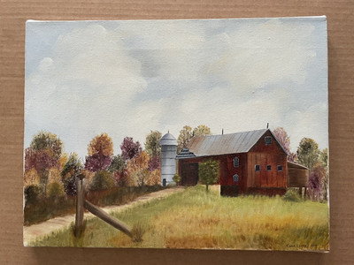 Vintage OIL ON CANVAS Hand Painting FARM Building Autumn SIGNED Carol Lorey 1979