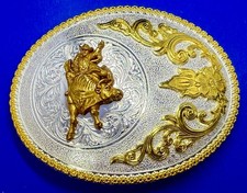 Rodeo Cowboy Bull Rider Riding Two Tone Ornate Western Nocona Belt Buckle