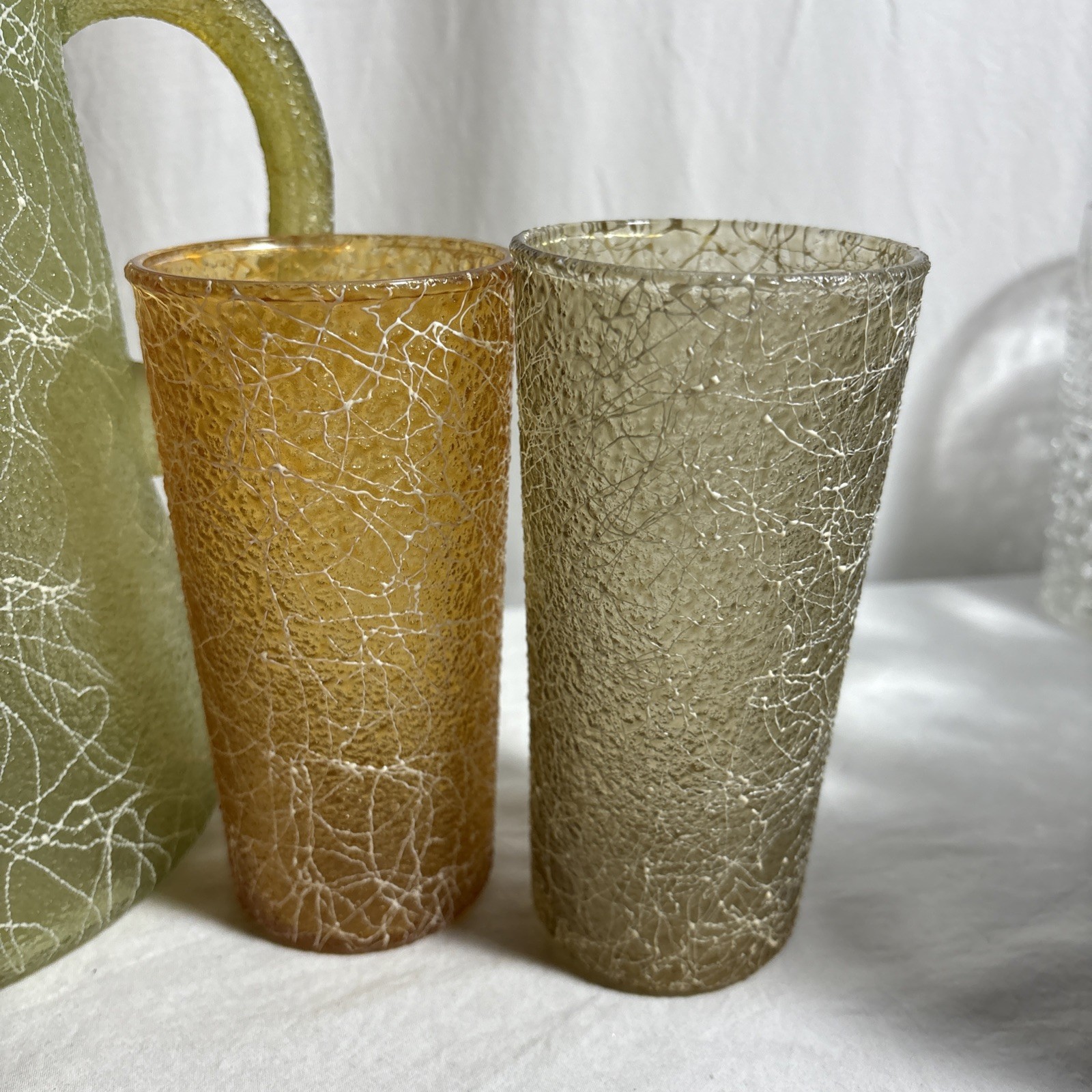 Vintage Spaghetti String Splatter Glass Pitcher and 4Tumblers Glasses