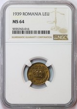 P397, Romania, Carol II, 1 LeU 1939, Bucharest Mint, NGC MS64