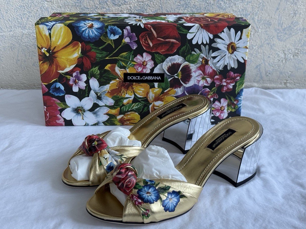 NEW Dolce & Gabbana GOLD Floral Keira Mirrored Block Heels Mules