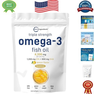 Lemon Flavored Omega 3 Fish Oil Softgels   240 Burpless Capsules, Non-GMO