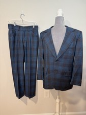 Men's VTG 60s 70s Classic Black Blue Plaid Suit Sz 36S Richman Brothers Wool