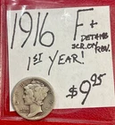 1916 Mercury Silver Dime (F+) Fine Condition 1st Year Issue! (detail Scr) ENN