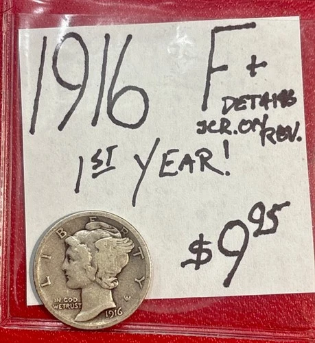 1916 Mercury Silver Dime (F+) Fine Condition 1st Year Issue! (detail Scr) ENN