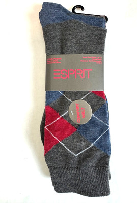 Men's 2 Pack ESPRIT Gray Red Blue Stripes Red Gray Argyle crew socks size 10-13