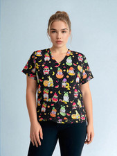 Med Works Women  s Large Scrub Top Black Colorful Gnome Fruit Print Nurse Doctor
