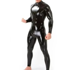 Men Latex Catsuit with Crotch Zipper Neck Entry Rubber Bodysuit