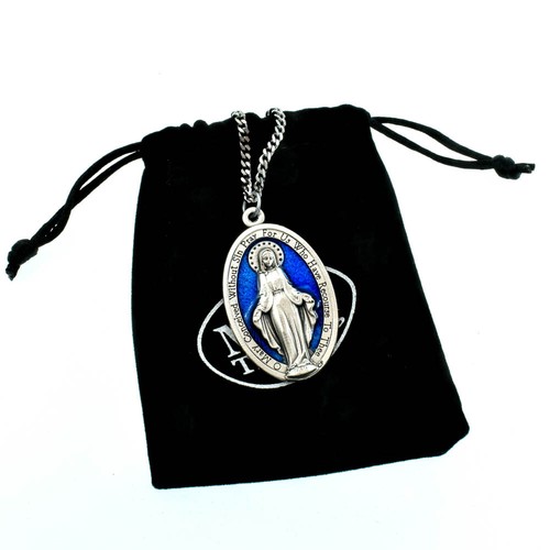 Collar Colgante Grande 1 3/4"" Azul Medalla Milagrosa María Italia con Cadena de Borde de 24 - Imagen 10 de 11