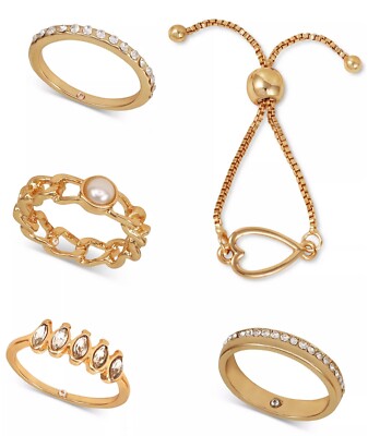 GUESS Gold-Tone 6PC Set Stone Imitation Pearl & Pavé Slider Stack Rings ...