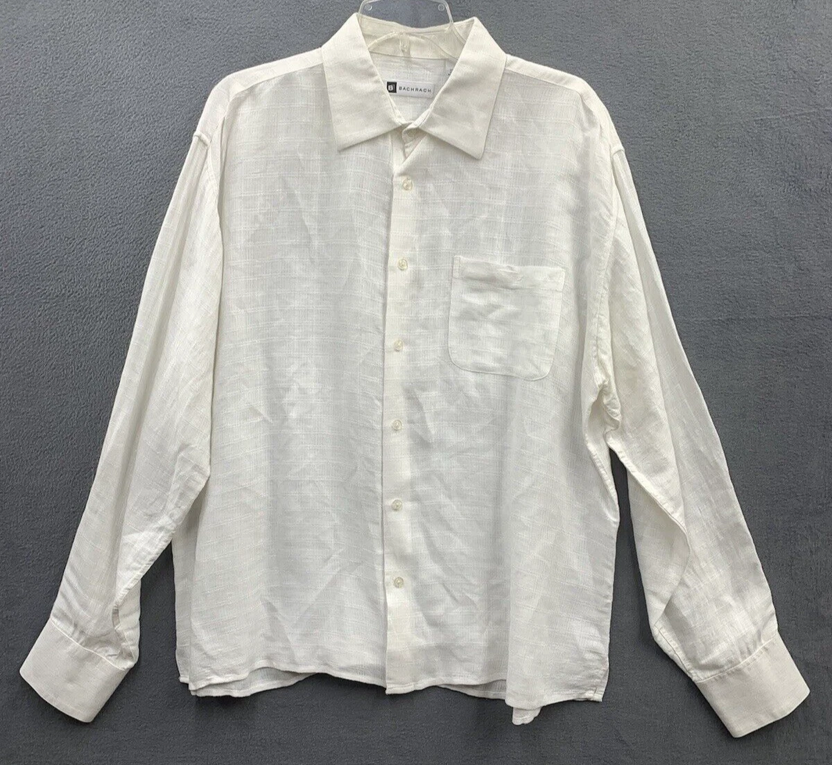 Bachrach Button Down Casual Shirt XL White Linen Blend Chest Pocket Window Pane