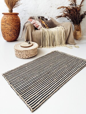 Teppich Rechteckteppiche Jute Natur Schwarz Baumwollmatte Flechtstreifen Wendematten