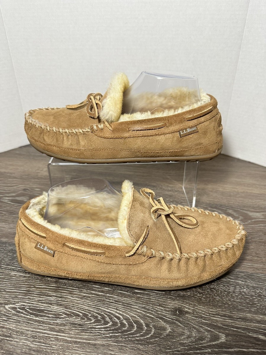 LL Bean Moccasins Mens Light Brown Suede Dyed Lambs Fur LL Bean Moccasins Mens Light Brown Suede Dyed Lambs Fur