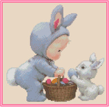 Baby Dressed as Bunny with Easter Basket Counted Cross Stitch Chart #42-113