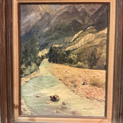 Vintage  1977 signed Fran. M. Scenic oil canvas board painting mountain scene