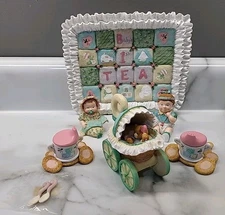 8 Pc Miniature Tea Set Babys 1st Tea Time Cups Saucers Tray Baby Stroller 7x5”