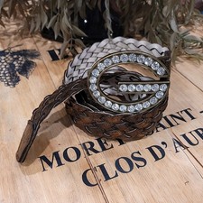 Vintage Y2K Guess Rhinestone G Belt Braided Bronze Vegan Leather Belt Large