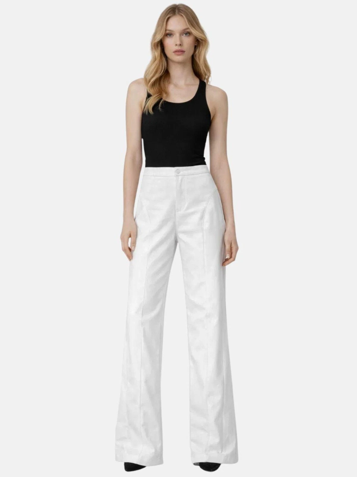 Women White Leather Pants – High Waisted Straight Leg Leather Trousers, Handmade