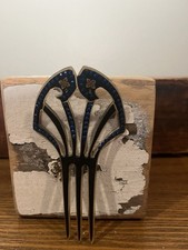 Vintage Celluloid Black w/ Ocean Blue Rhinestones Art Deco Hair Comb 1920's