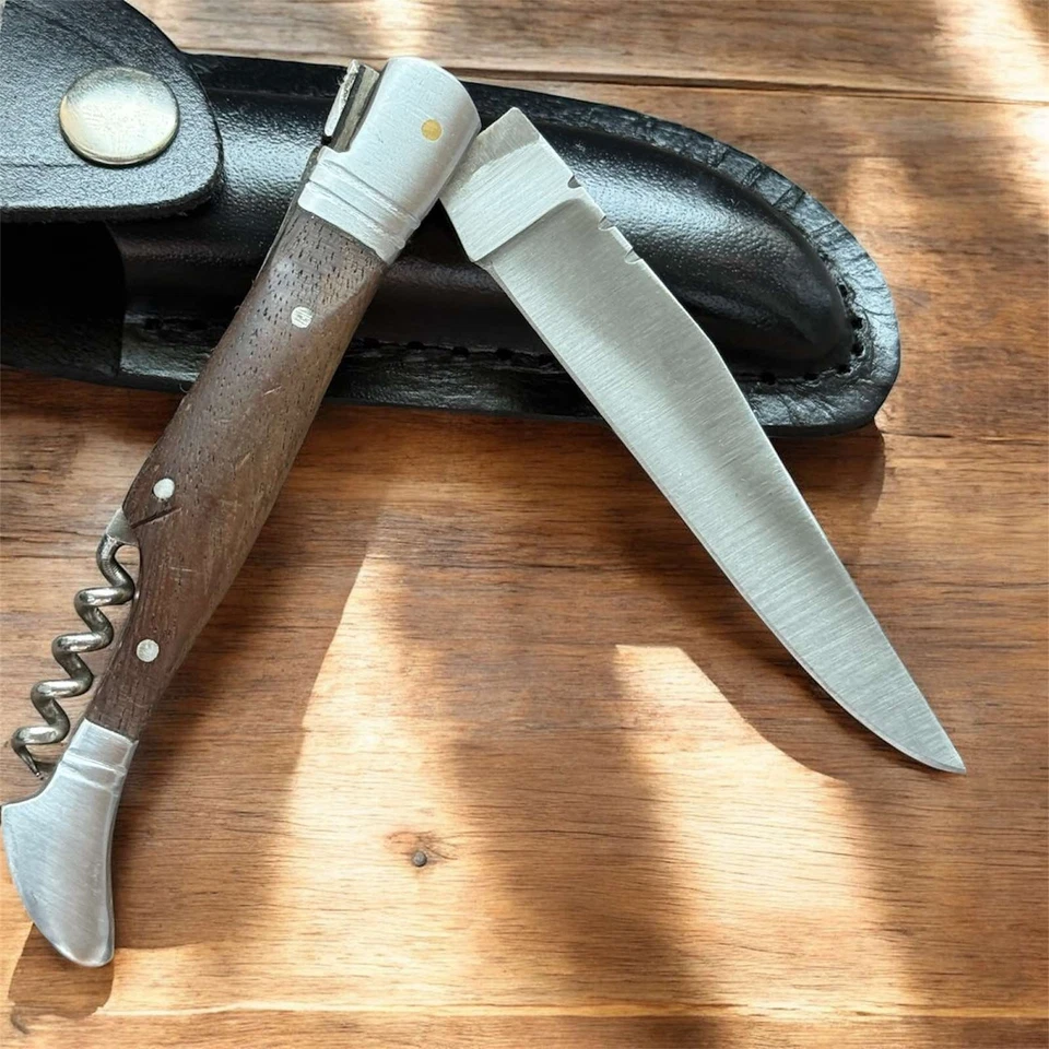 Vintage Laquiole Pocket Knife Blade Wood Handle Sheath Leather Corkscrew Men's - Image 2 of 4