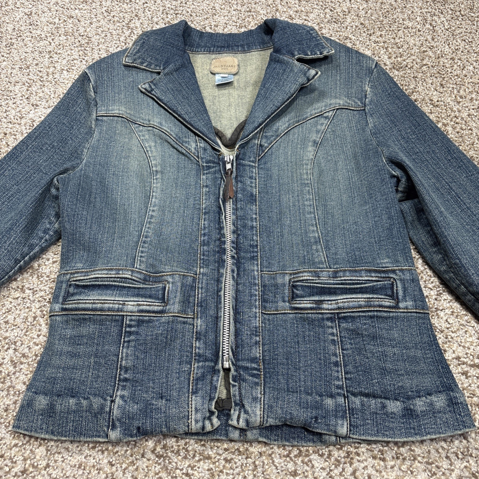 Jill Stuart Jeans Front Zip Denim Jacket Mid-Length V-Neck Blazer Size 3 - View 4