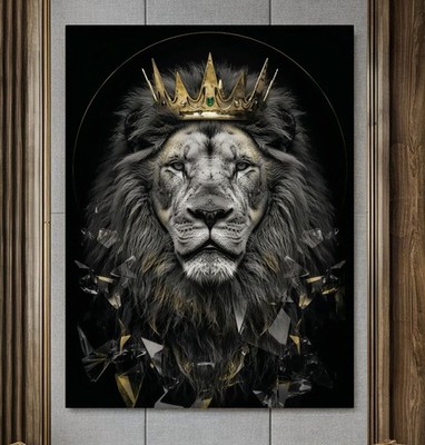 XL LEINWAND BILD ER BIS 160x120x5 LÖWE KÖNIG KRONE GOLD SCHWARZ KATZE TIERE DEKO