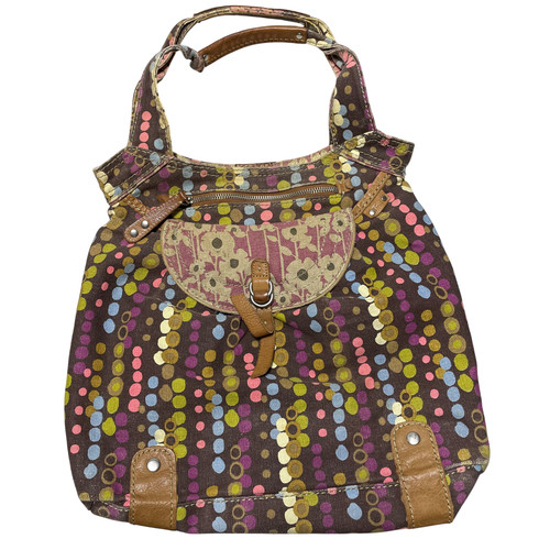 Fossil Vintage Multicolor Polk Dot Bubble Canvas Print Handbag Hobo Leather Trim