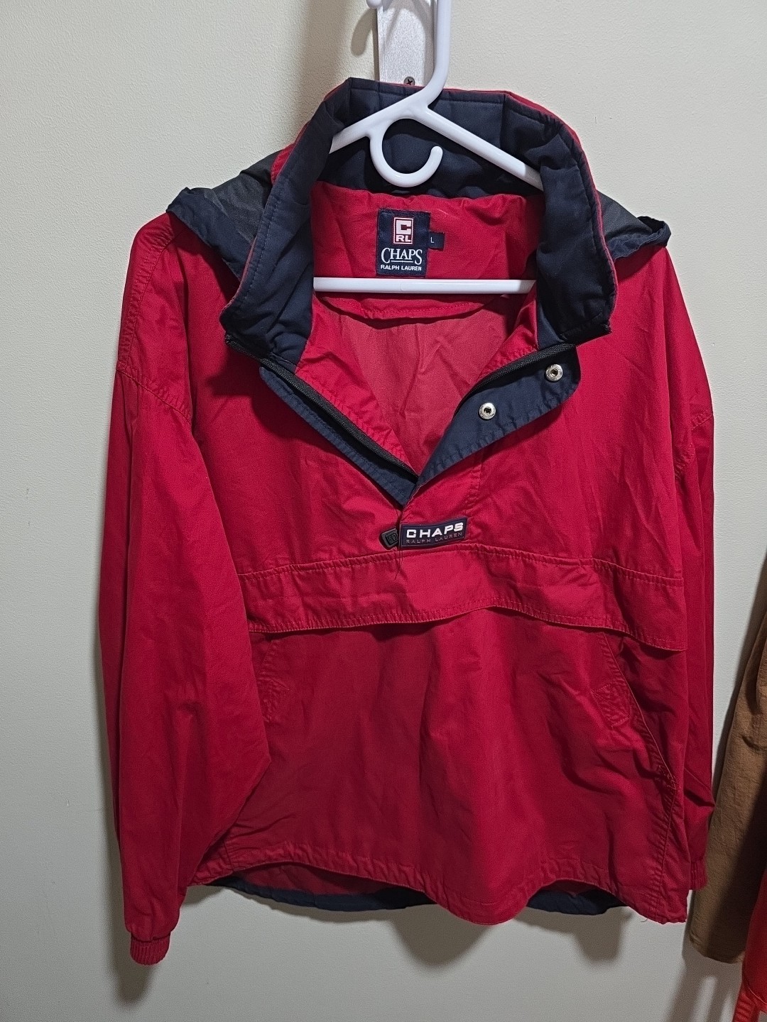 Vintage Chaps Ralph Lauren Pullover Anorak Jacket Red & Navy Mens Hooded Size L