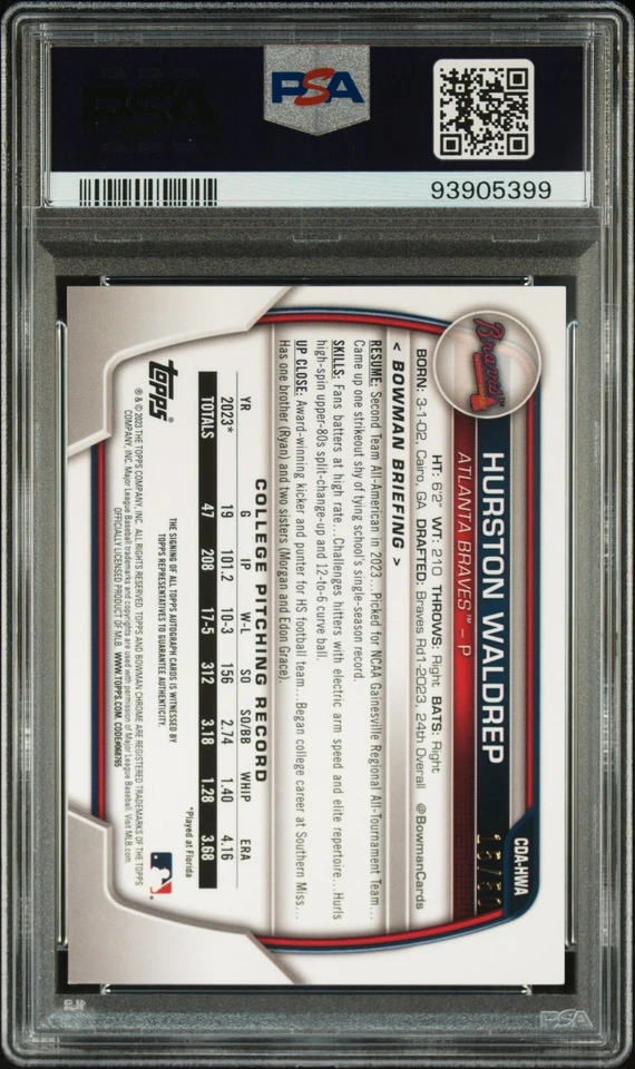 2023 Bowman Chrome Draft Hurston Waldrep Gold Refractor Rookie RC Auto /50 PSA 9 - Image 2 of 2