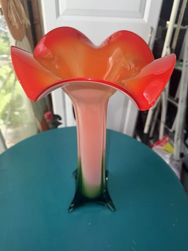 vintage MCM MURANO cased ART GLASS hand BLOWN 15” calla LILLY orange WHITE VASE