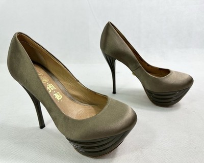 L.A.M.B. Z Project Satin Platform Pumps $299 Womens 6 M Tan Read Vintage